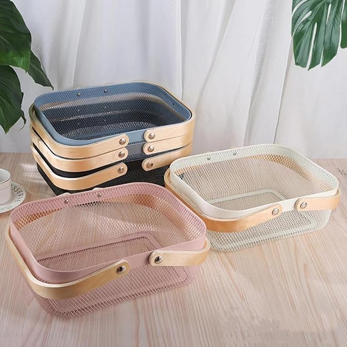 Metal Mesh Steel Basket, Storage Organizer Baskets Garden Harvest Basket Multi-functional Kitchen Fruit Baskets Bin with Wooden Handle for Bathroom Picnic Shopping Decor Cabinet Home, Blue