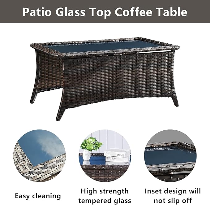 Outdoor Wicker Furniture Patio Set - 7 Piece Backyard Furniture Brown Rattan Conversation Sets with Swivel Rocker Chairs, Rattan Sofa, Club Chairs and Coffee Table, Grey Cushion