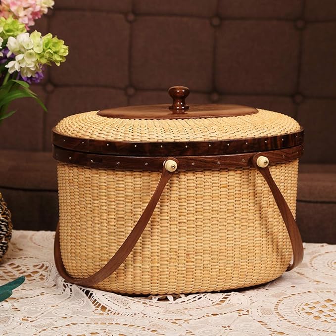 Nantucket Style Basket Picnic Basket Rattan Handmade Products Woven Sewing Storage Basket Two Swing Handles Tote Bag for Women