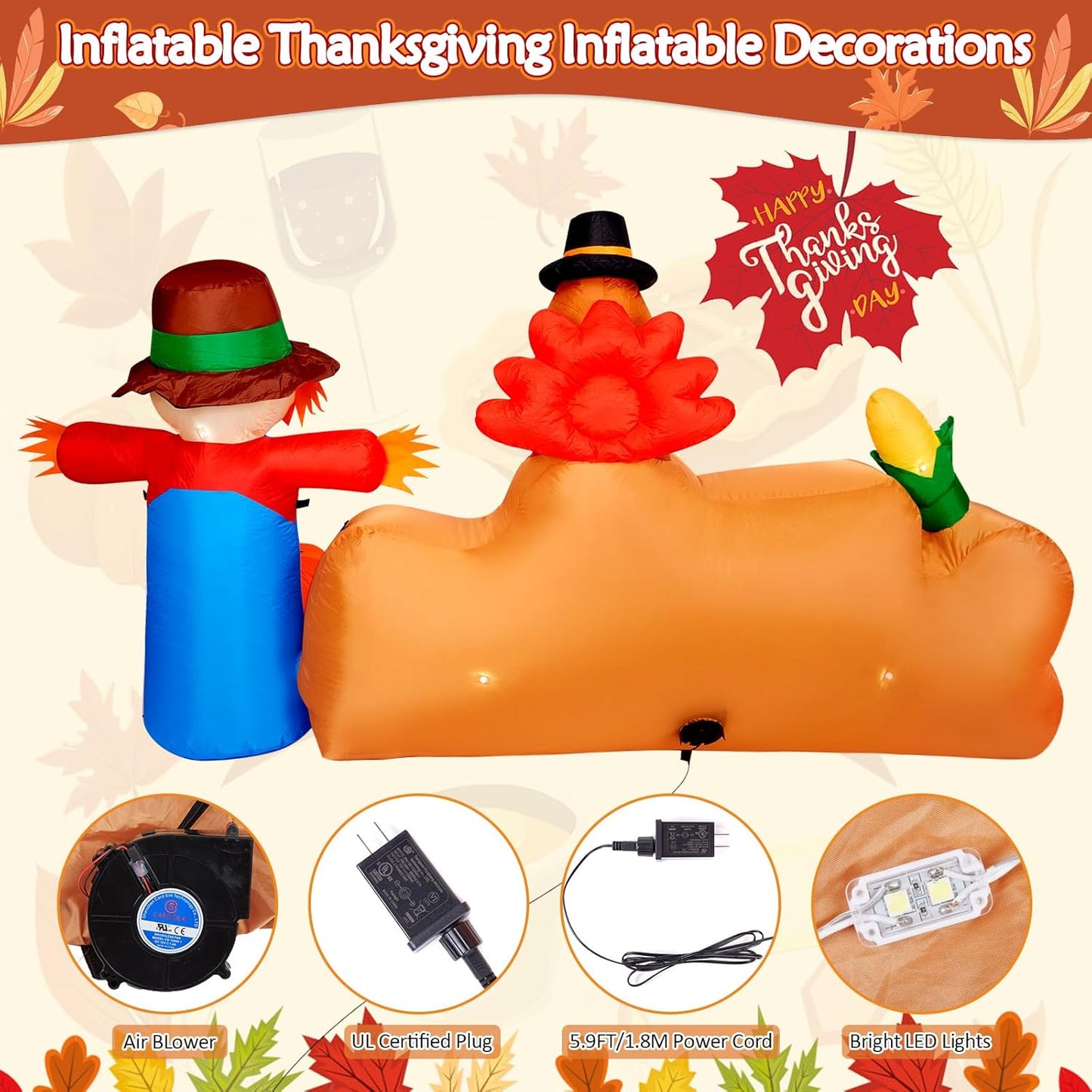 CAMULAND 8Ft Autumn Outdoor Built-in LED Inflatable Scarecrow and Turkey – Thanksgiving Inflatable Decorations Great for Home, Yard, Lawn – Warm Blow Up Décor for Fall Harvest Party