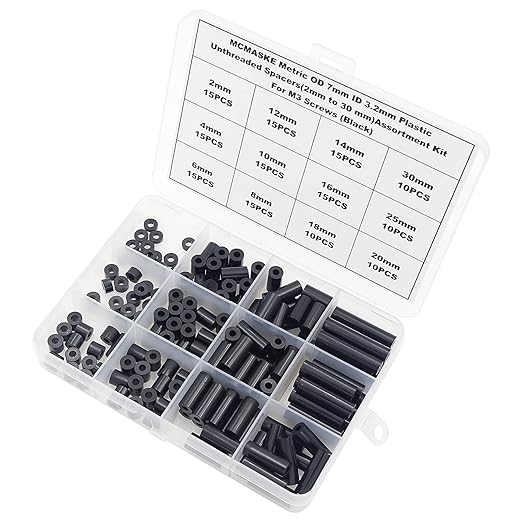 Metric OD 7mm ID 3.2mm Plastic Unthreaded Spacers(2mm to 30 mm) Assortment Kit for M3 Screws;Clearance Spacers;Round Spacers(Black)