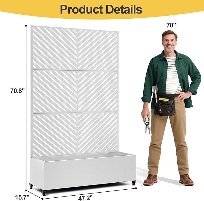 Raised Garden Bed with Trellis and Wheels,73"x47"x16" Metal Raised Garden Bed,White Parallel Metal Planter with Climbing Trellis for Vines & Vegetables