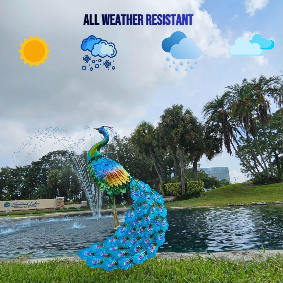 Haven Treasures Luxury 30.5 inches Outdoor Metallic Peacock Statute for Your Garden Decoration, Outdoor Yard Decor Sculpture, Home Décor