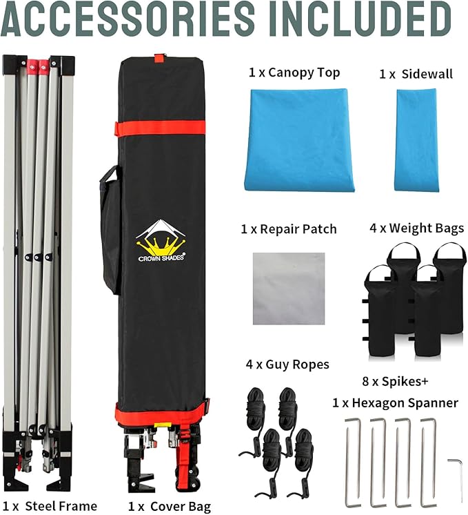 CROWN SHADES 10x10 Pop Up Canopy with 1 Side Wall - Beach Tent with One Push Setup - Outdoor Sun Shade for Events, Parties, Camping - Gazebo with STO-N-Go Cover Bag (Sky Blue)