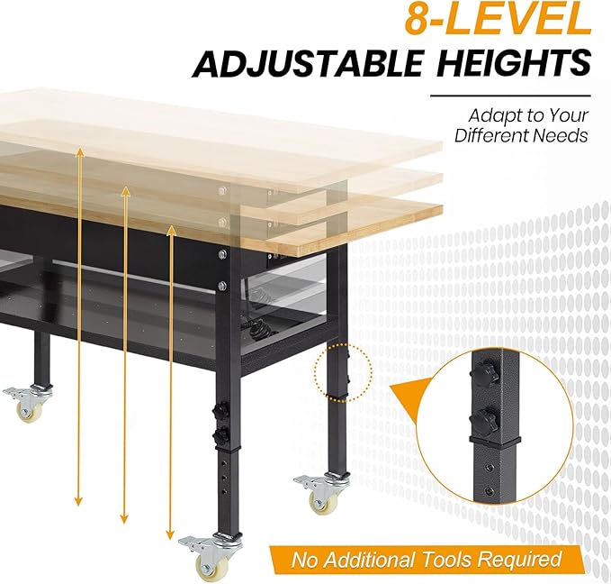 48"/60'' Adjustable Workbench, Rubber Wood Top Work Bench Heavy-Duty Work Table with Power Outlet, Wheels, Partition 2000 LBS Load Capacity Hardwood Work Benches for Garage, Workshop, Home, Office
