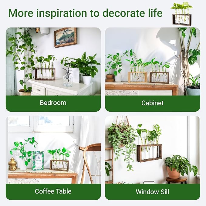 Ivolador Plant Propagation Station Terrariumin Wall Test Tube Vases Bud Tabletop Glass Wooden Stand with 5 Propagation Tubes for Propagating Hydroponic Plants Home Garden Wedding Decoration-Brown