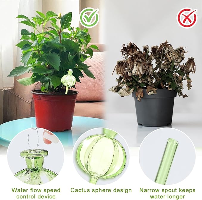 2 PCS Plant Self Watering Globes 8.9 Inch Plant Watering Devices Colorful Glass Self Watering Planter Insert for Indoor Outdoor Plants