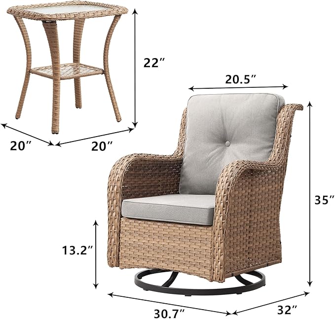 Outdoor Patio Swivel Rocker Chairs - 3 Piece Patio Bistro Set,Wicker Patio Furniture Set with 2 Swivel Rocking Chairs and 1 Glass Top Side Table for Deck Porch Garden,Yellow/Beige
