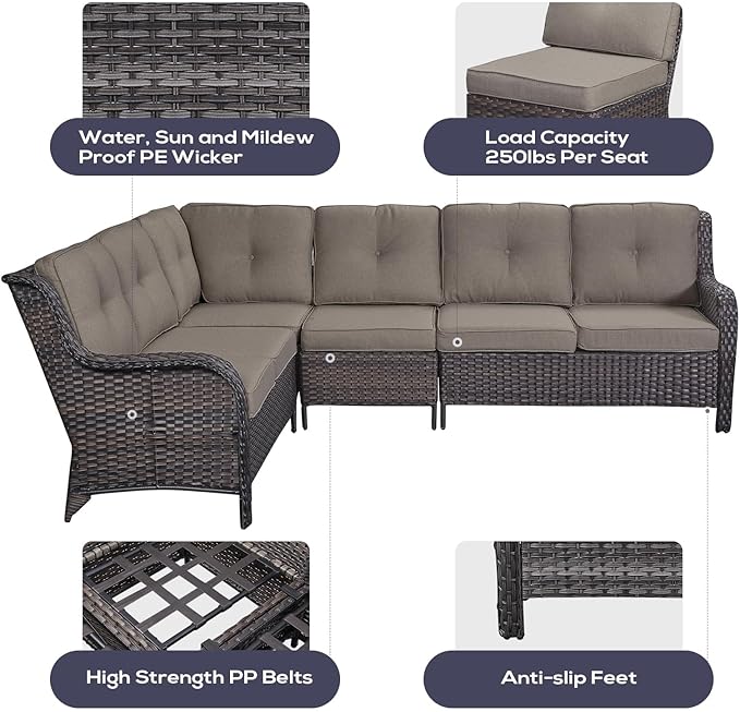 Outdoor Furniture Sectional Sofa L Shaped Couch - Patio Wicker Set with 2 Swivel Glider Chairs, 8 Piece Rattan Patio Conversation Sets with Gray Cushion for Deck Backyard Sunroom Grey Cushion