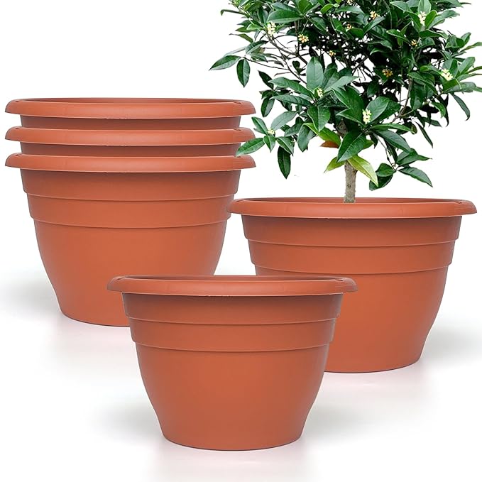 5 Packs Plant Pots, 10 Inch Planters Perfect for Indoor Outdoor Plants, Round Thickened Flower Pots with Drainage Hole, Plastic Garden Plant Planters(Pottery Red)