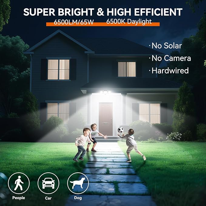 65W LED Flood Lights Outdoor, 6500LM, Waterproof, 6500K Motion Sensor Flood Lights Outdoor with Adjustable 3 Head Detected Floodlight for Outside Entryway Garage, Yard, Porch, 2Pack