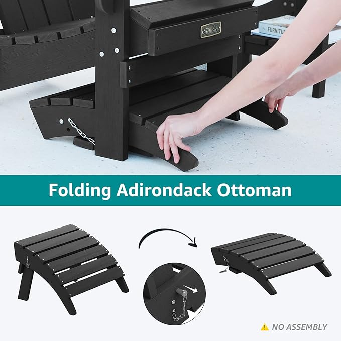 SERWALL Folding Adirondack Ottoman, No-Assembly Outdoor Footrest, All Weather Use Patio Footstool for Adirondack Chair, Black