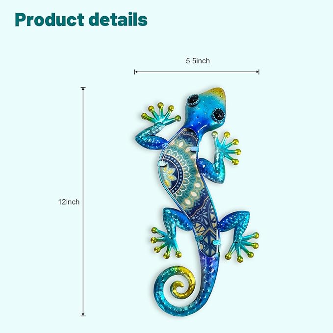 HONGLAND Metal Gecko Wall Art 2Pcs Outdoor Wall Decor Lizard Metal Hanging Wall Decoration Glass Sculpture for Garden Yard Patio Fence Home (Blue)