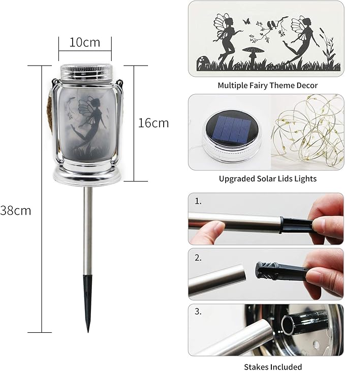 2 Pack Solar Fairy Lantern for Garden Decorations -Gifts for Mom Women Grandma Birthday Outdoor Ornaments Decorations Hanging Lamp Frosted Glass Jar with Stake for Yard Patio Lawn