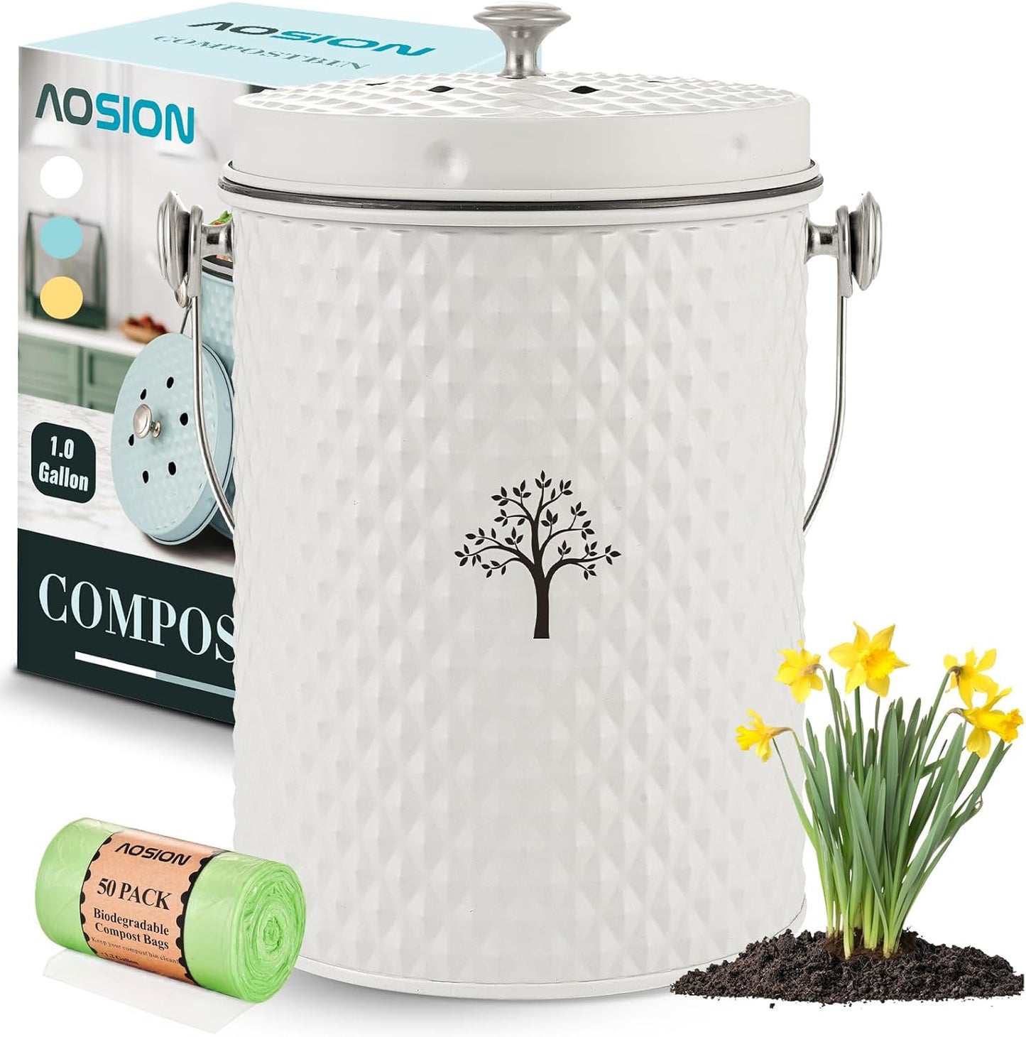 AOSION Countertop Compost Bin Kitchen,Odorless Indoor Compost Bin with Lid and Compost Bags,Compost Bucket Composter Container for Food Waste,Creamy White
