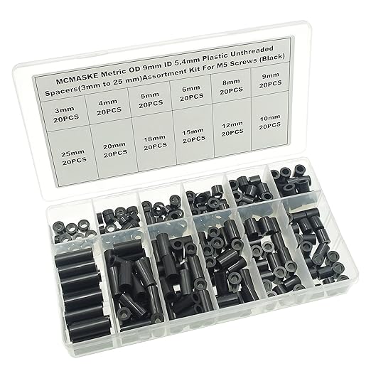 OD 9mm(0.354") ID 5.4mm(0.212") Plastic Unthreaded Spacers Assortment Kit;Wall Plate spacers for M5 Screws;Clearance Spacers;Round Spacers;3mm to 25 mm Lengths (Black)