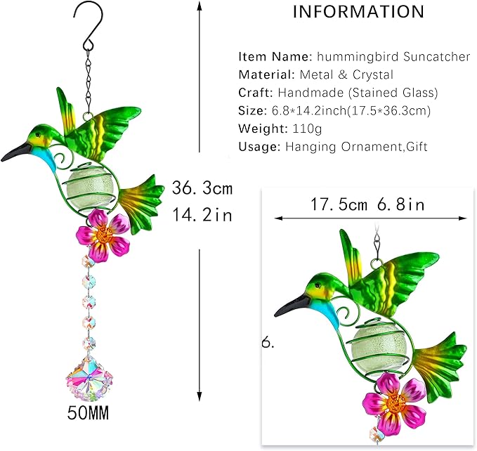 Stained Metal Hummingbird Suncatcher, Window Crystal Prisms Sun Catcher Hanging Ornament Rainbow Maker Bird Garden Wall Art Fence Decorations