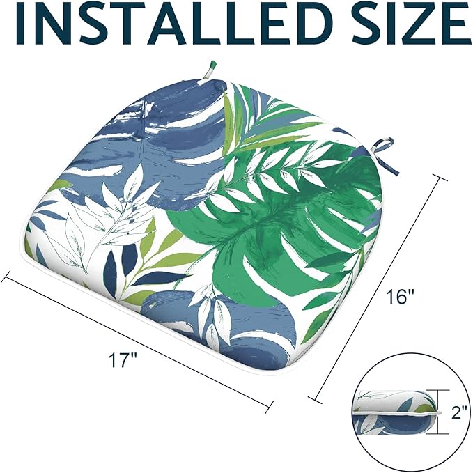 Indoor/Outdoor Chair Cushions 16x17 Inch, Patio Chair Cushions with Ties, All Weather Seat Cushions for Patio Furniture Home Garden Chair Use, Set of 2, Islamorada Blue Green
