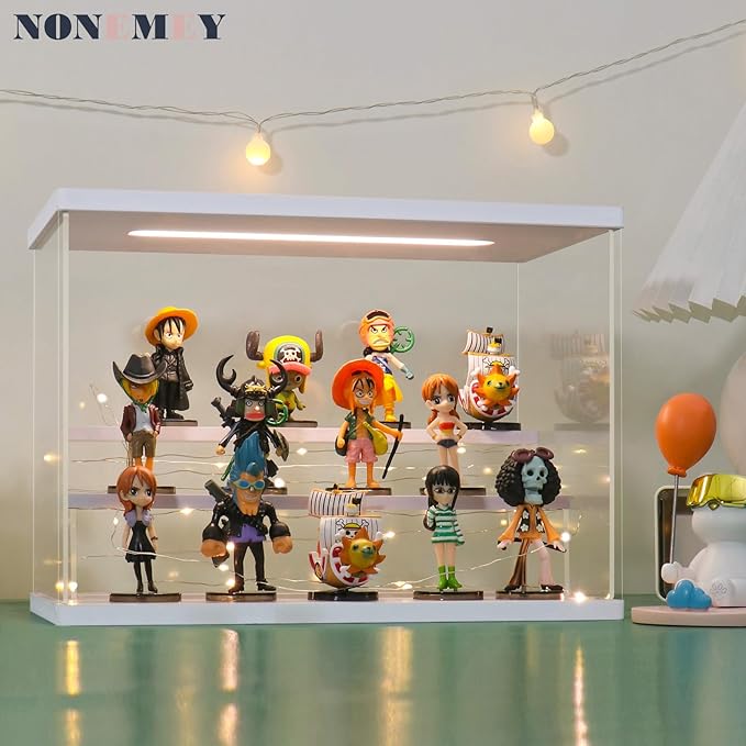 NONEMEY Clear Acrylic Display Case Stand with Led Light 2/3/4/5/6 Tier Storage Box Showcase Dustproof Organizer Box for Collectibles (White 3Tier 12.4*7*9inch)