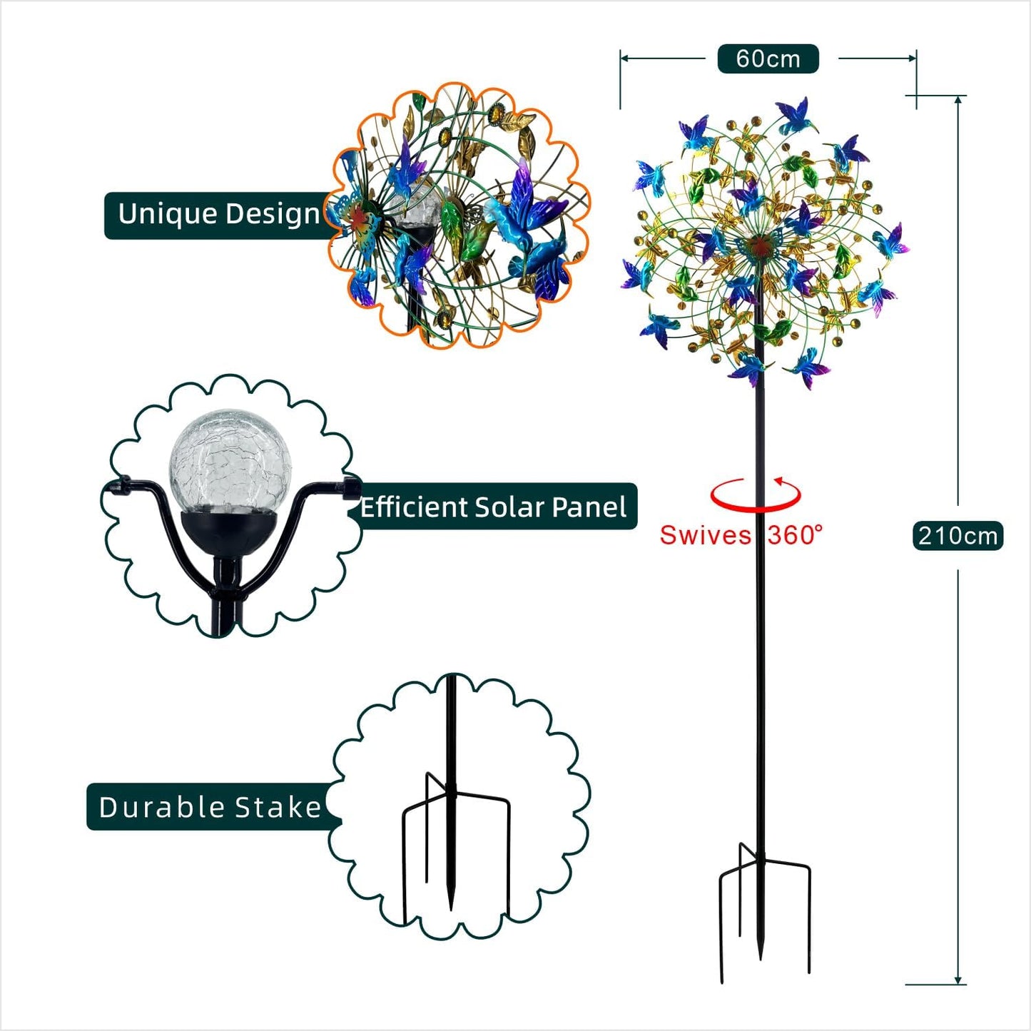 Outdoor Wind Spinner with Garden Stake 82.7" Metal Two-Way Wind Sculptures Solar Color Changing Lights Large Windmills for Garden,Patio,Yard,Lawn Decor Gifts Bird