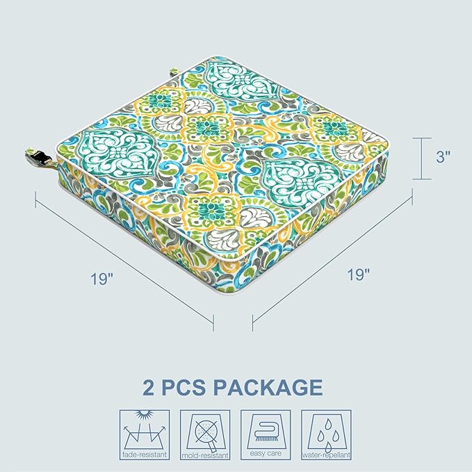 LVTXIII Patio Chair Cushions 19"x19"x3", Water-Repellent Outdoor Seat Cushions for Patio Furniture, Square Chair Pads with Ties for Home Garden Decoration, Set of 2, Damask Green