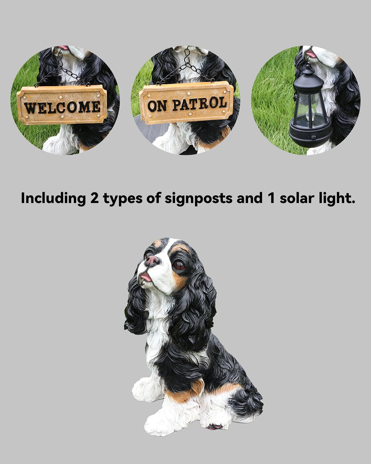 Charming Cavalier King Charles Spaniel Welcome Dog Statue with Solar Lantern, Hand-Painted Sitting Resin Puppy Figurine with Reversible Signs for Garden, Patio, and Porch Décor