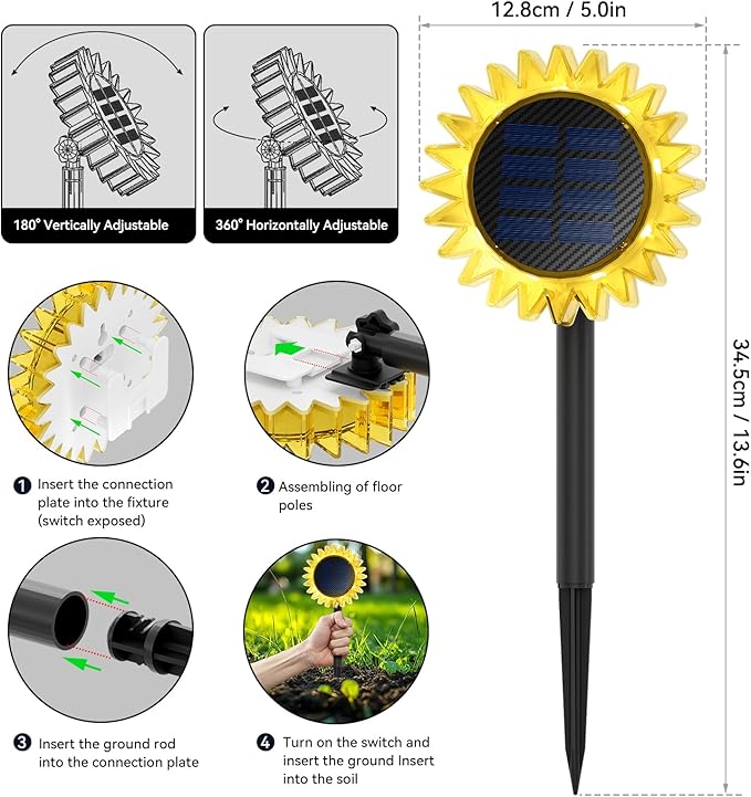 Solar Outdoor Garden Lights, 6 Pack Sunflower LED Ground&Wall 2-in-1 IP67 Waterproof Decorative Light for Yard Landscape Pathway Patio Walkway Backyard Decor (Warm White)