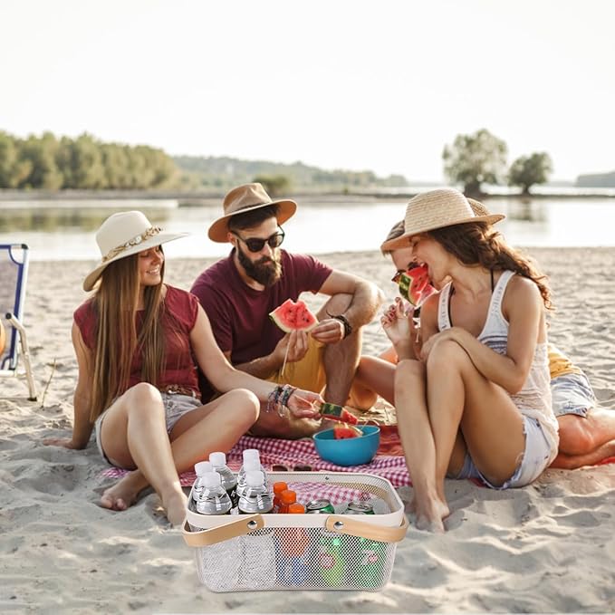 Portable Mesh Harvest Basket - Natural Bamboo Handle Foldable Organizer for Kitchen, Garden & Picnic | Ventilated Storage Bin with Rust-Proof Wire, Space-Saving Farmhouse Decor (White)