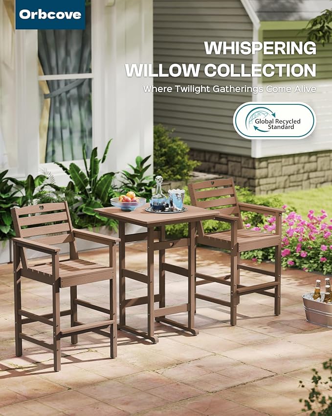 Tall Adirondack Chairs Set of 2, HDPE Wood Balcony Adirondack Chairs Set with Heart Cutout Design, Weather-Resistant Bar Height Furniture for Deck, Porch, Pool (Teak)