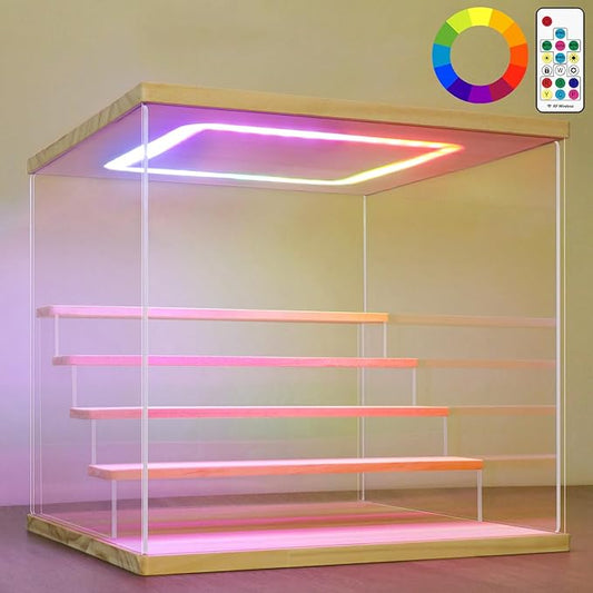 NONEMEY Clear Acrylic Display Case with Light ,3/4/5/6 Tier Multiple Color Lights via Remote Control Dustproof Display Box for Collectibles Figures Mini Toys (5Tier 12.4*12.2*12inch )