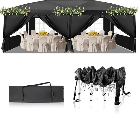 Outvita 10x20ft Pop Up Canopy Tent, Outdoor Instant Shelter Folding Canopy with 6 Side Walls and Carry Bag for Commercial Events, Party, Backyard BBQ, Camping Black