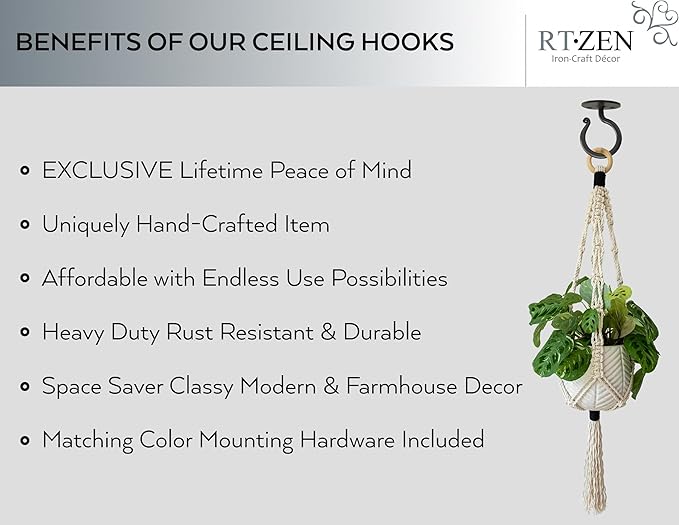 RTZEN Plant Hangers Outdoor or Indoor - Wrought Iron Metal Hanger Indoor Hook - Heavy Duty Wall Bracket Hooks for Hanging Plants Baskets Lanterns Wind Chimes - 2 Pack (Black Ceiling Hooks)