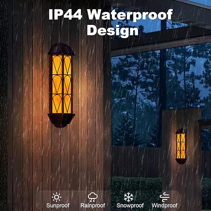 KINGLEAD 4 Pack Flickering Flame Solar Wall Lights - Outdoor Waterproof, Sensor with 2 Lighting Modes, Vintage for House Garden Porch Backyard Patio