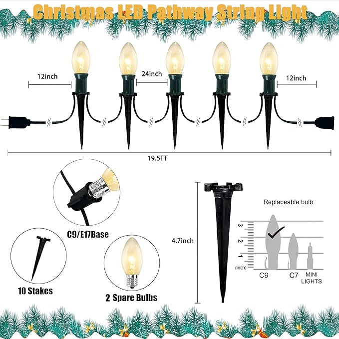 38Ft Christmas Pathway String Lights Outdoor with C9 25 Clear Christmas Pathway Marker Stakes Lights, Extendable C9 Outdoor Walkway Lights for Outside Xmas Party Holiday Backyard Commercial Decor