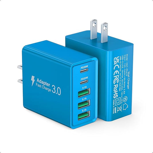 [2-Pack] USB C Wall Charger, 50W USB C Charger Block 5-Port PD Fast Charging Blocks,2USB C+3USB A Multiport Plug,Type C Power Adapter Brick Cube for iPhone 16/15/14/Pro,iPad,Samsung,for Switch（Blue）
