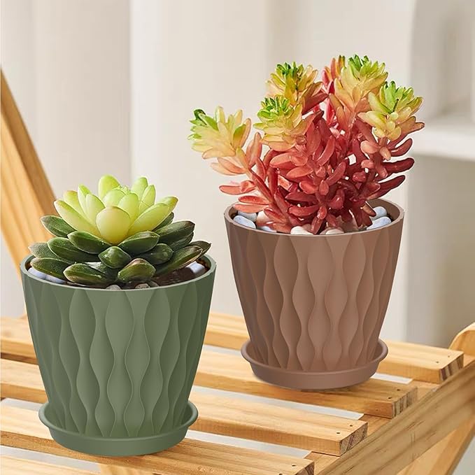 6 Pack 4 Inch Small Plant Pots with Saucers, 3D Textured Plastic Planters with Drainage Holes for Indoor and Outdoor Plants, Flowers, Herbs, Succulents, and Seedlings, Colorful
