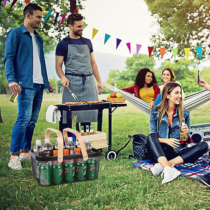 Portable Mesh Harvest Basket - Natural Bamboo Handle Foldable Organizer for Kitchen, Garden & Picnic | Ventilated Storage Bin with Rust-Proof Wire, Space-Saving Farmhouse Decor (Black)