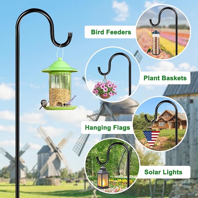 48 Inch Shepherds Hooks for Outdoor, Heavy Duty Bird Feeder Pole with 5 Prong Bases, Garden Hanging Stake for Bird Feeder, Solar Light, Plant Hanger, Wedding Decor, Metal Hanger Hooks, Black, 2 Packs