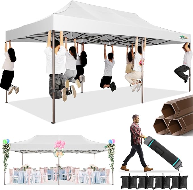 COBIZI 10x20 Pop Up Canopy Heavy Duty Without Sidewalls, Commercial Heavy Duty Pop Up Tent for Parties All Weather Waterproof and UV 50+ Wedding Tent with Roller Bag(Legs Upgraded),White