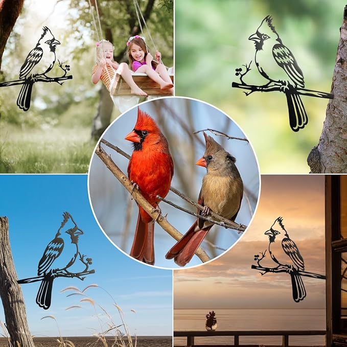 Metal Bird Christmas Cardinal Garden Decor，Tree Decor Outdoor Metal Wall Art Large，Cardinal Gifts Figurine Unique Yard Art，Garden Silhouette ，Garden Sculptures and Yard Art