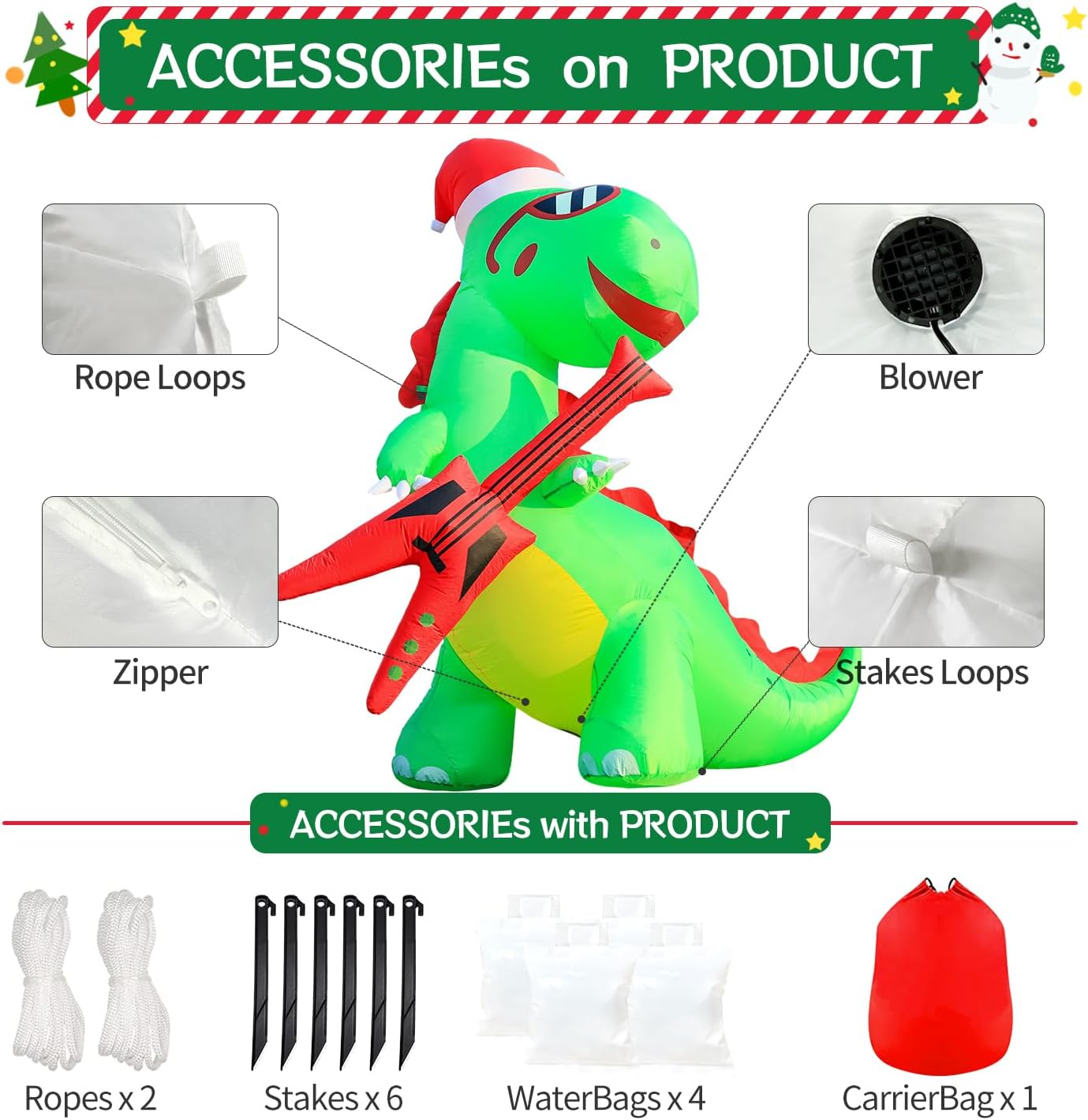 DomKom 8FT Christmas Inflatable Decorations Dinosaur with Guitar, Giant Outdoor LED Lights Holiday Blow up Rex Yard Decoration for Holiday Party Outdoor Garden Yard Lawn Winter Décor