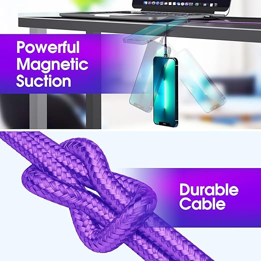 Magnetic Charging Cable 540° Rotating Magnetic Phone Charger [6-Pack, 3ft/3ft/3ft/6ft/6ft/10ft] 3 in 1 Magnetic Charger Cable Nylon Braided Magnetic USB Cable for i-P/Micro USB/Type C Device-Purple