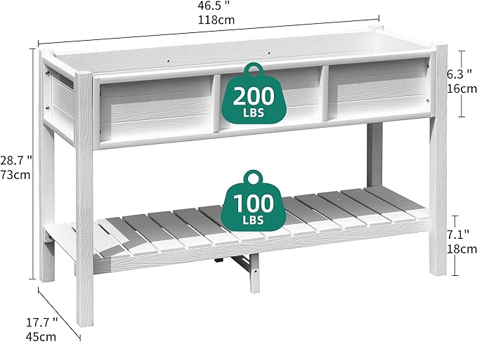 YITAHOME Raised Garden Bed, 47x18x31 Inch HIPS Poly-Wood Weather-Resistant Elevated Planter Box with Storage Shelf for Vegetable Flower, White