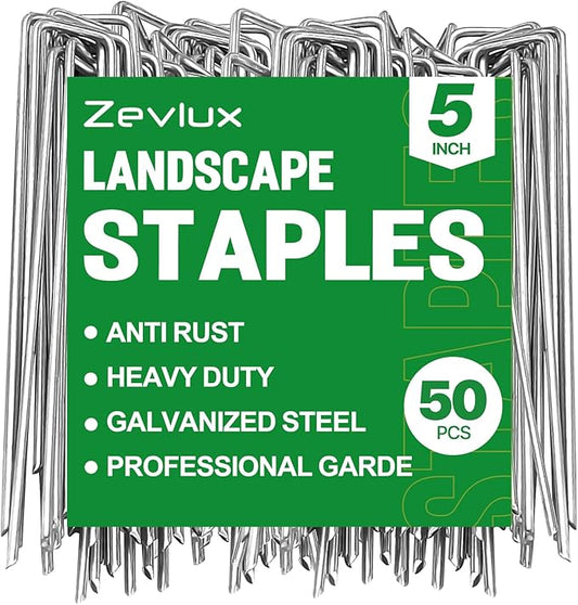5 Inch 50pack Landscape Staples Galvanized Garden Stakes,12 Gauge Heavy Duty Garden Pins for Fences, Lawns, Weed Barriers and Landscape Fabrics, Irrigation Hose,Yard Lawn, Landscape Fabric.