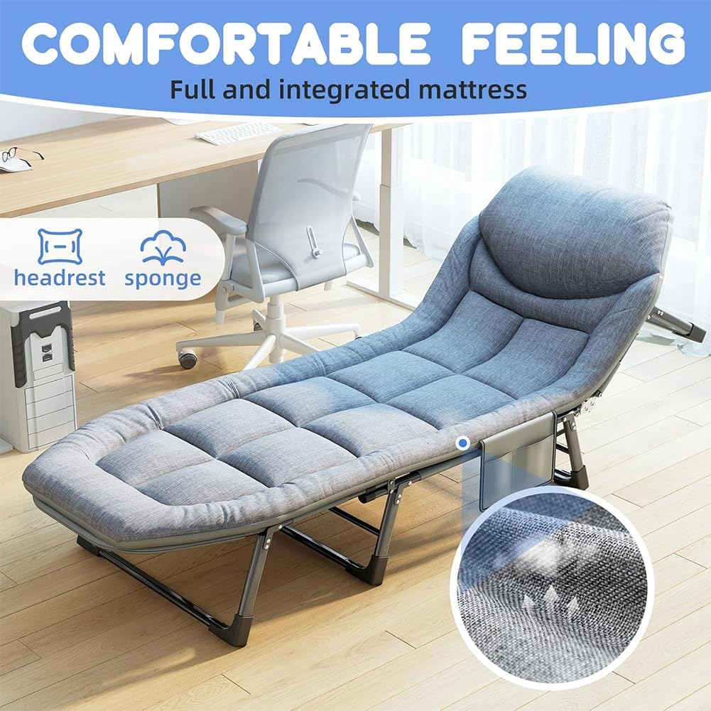 Camping Cot Portable Folding Bed for Adults 6 Position Adjustable Cot Recliner Chair with Pillow Heavy Duty Steel Frame Camping Office Nap Indoor Outdoor Use (Large(74in))