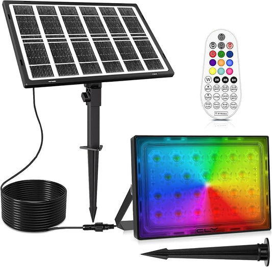 CLY Color Changing Solar Lights with Remote, IP66 Waterproof Outdoor Solar Flood Light 10 Colors 12 Modes 6 Brightness, Timer Memory Function 5M Cord for Stage Party Garden Wall Washer Light