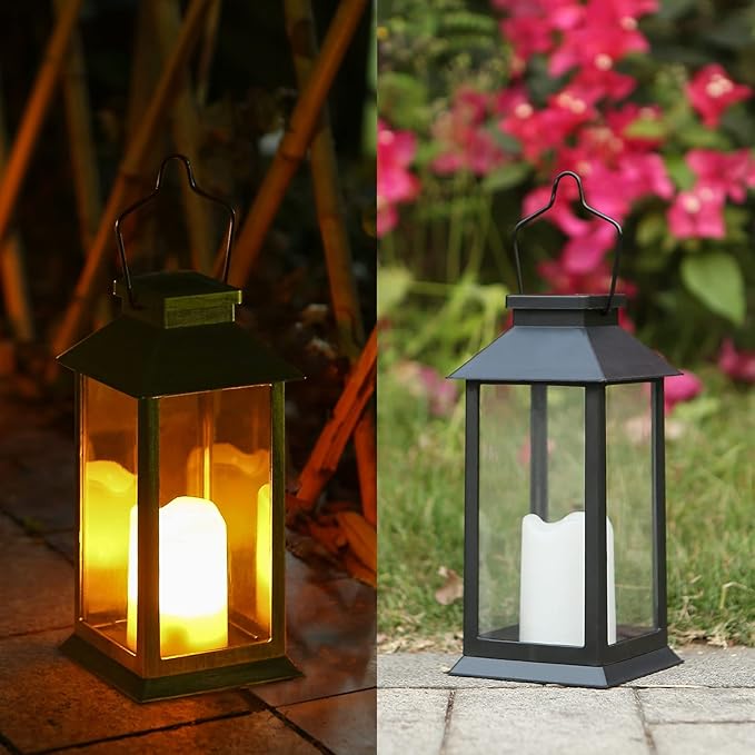 2 Pack Solar Lanterns, Outdoor Garden Hanging Lanterns, 11.8 Inch LED Flickering Flameless Candle Mission Lights for Yard, Table, Patio (Black)
