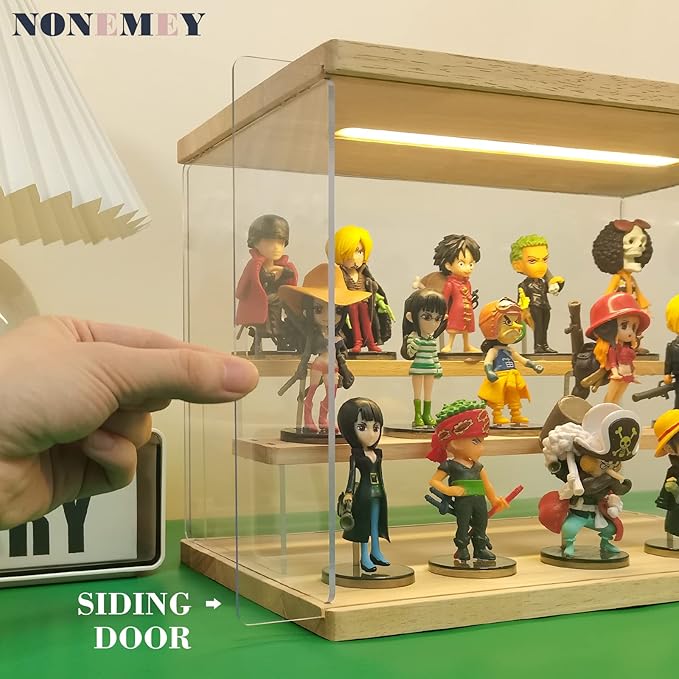 NONEMEY Clear Acrylic Display Case Stand with Led Light 2/3/4/5/6 Tier Storage Box Showcase Dustproof Organizer Box for Collectibles (White 3Tier 12.4*7*9inch)