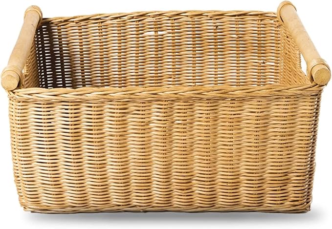 The Basket Lady Pole Handle Wicker Storage Basket, Medium, 16 in L x 12 in W x 8.25 in H, Sandstone