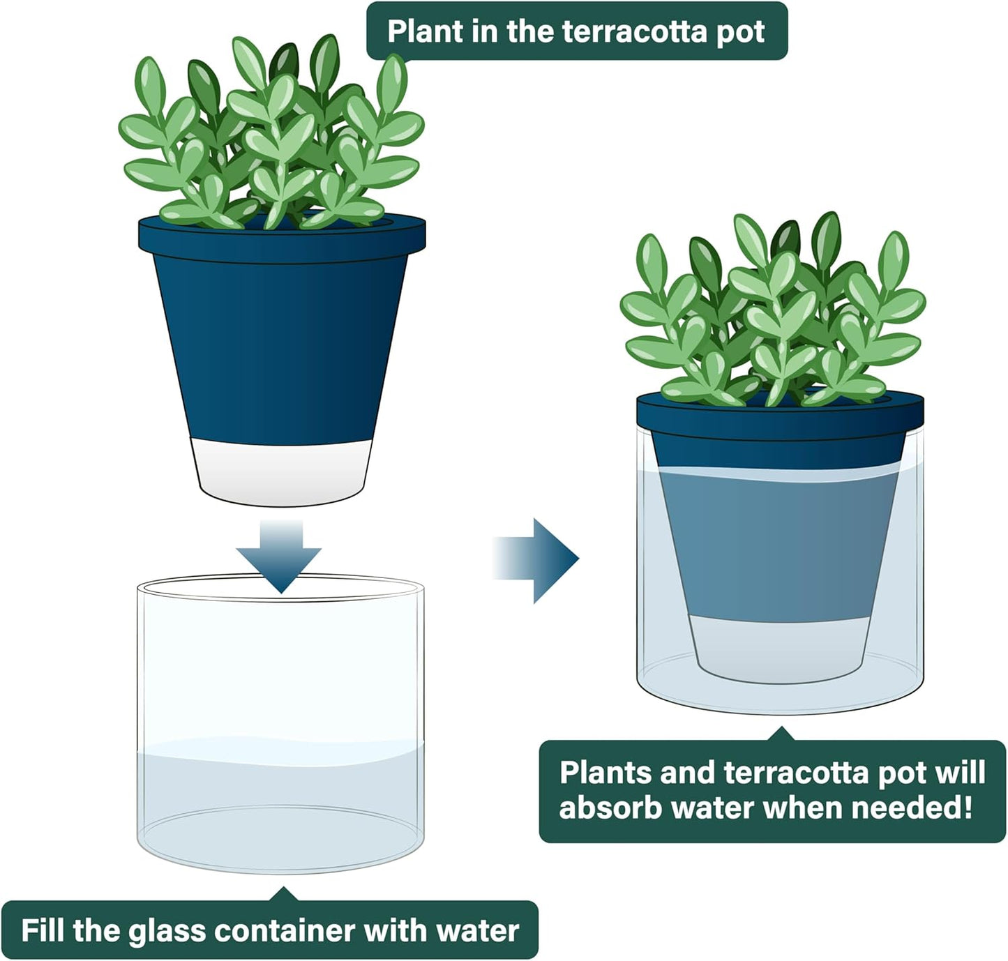 D'vine Dev 4 Inch Design Self Watering Planter for Indoor Plants, Blue Terracotta Pot with Cylinder Glass Cup, Set of 2, 37-Y-A-4